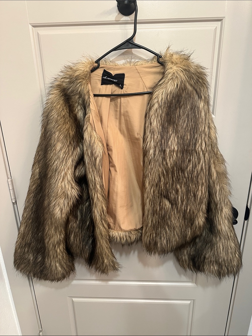 Olivaceous Faux Fur Cropped Jacket in Taupe Brown